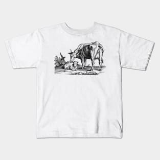 Cow with Calf Rustic Charm Scene Vintage Animal Illustration Kids T-Shirt